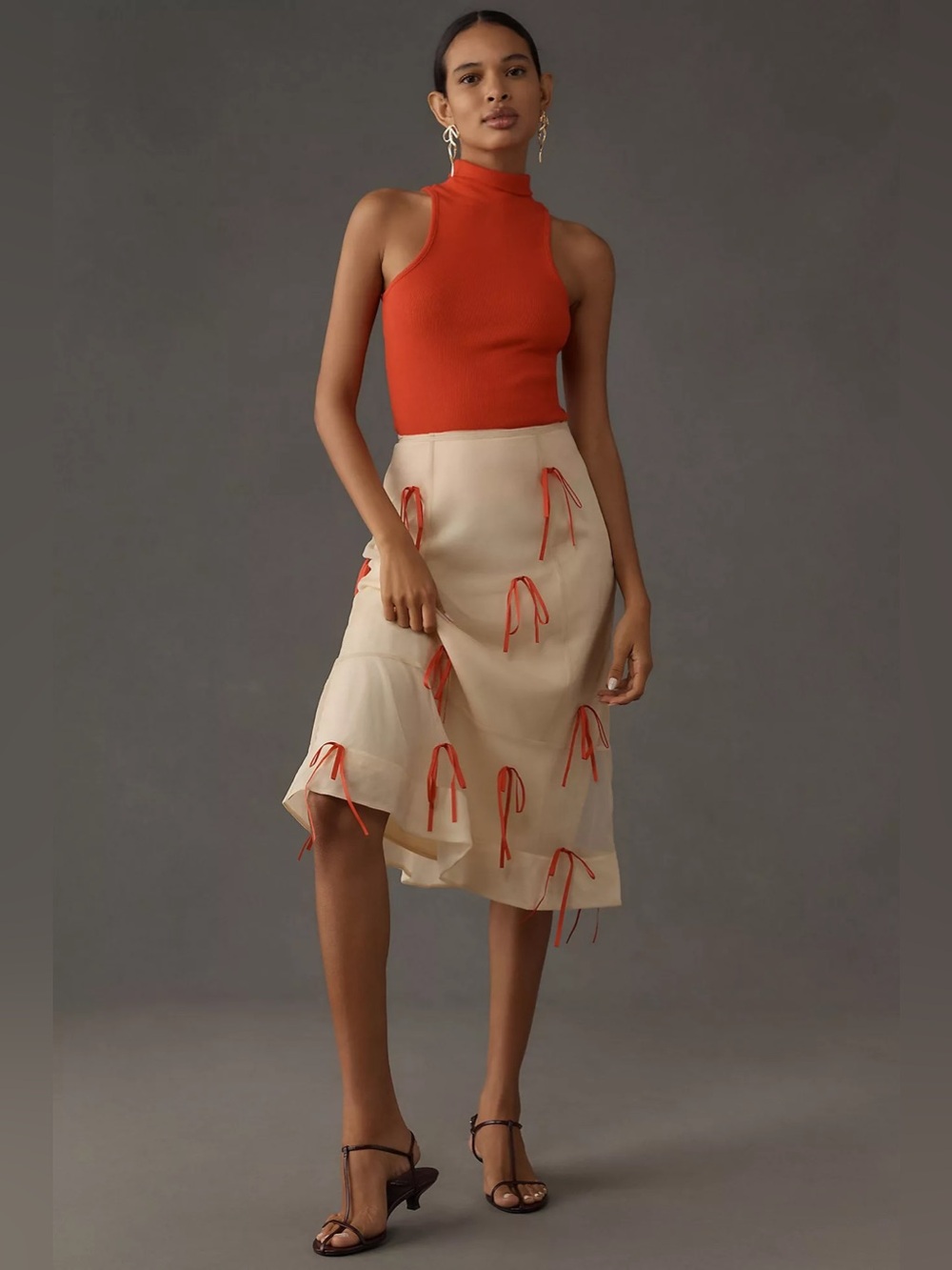ANTHROPOLOGIE 8 Maeve Ribbon Pencil Midi Skirt Cream Red Whimsical Tulle